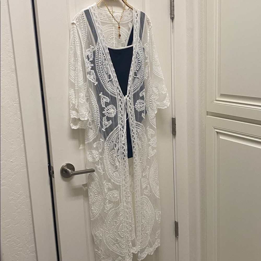 White Lace Cover-up Kimono Duster
